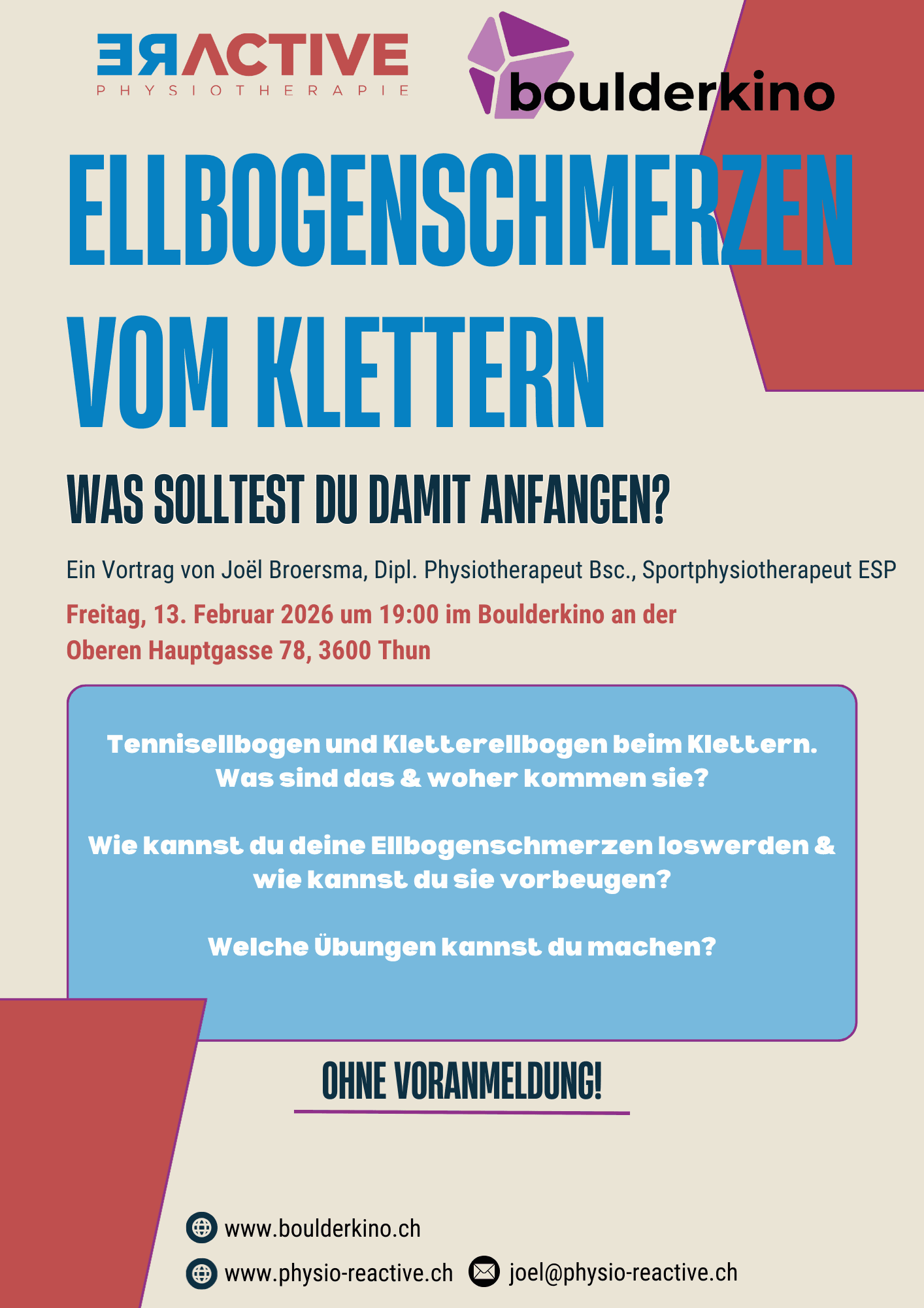 Vortrag Ellbogen Schmerzen im Boulderkino Flyer